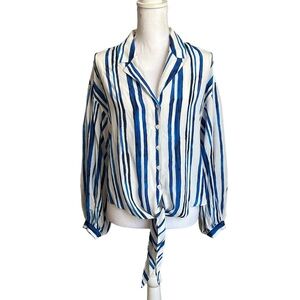 Soft Surroundings Blue White Silk Stripes Button Down Tie Front Blouse Size M